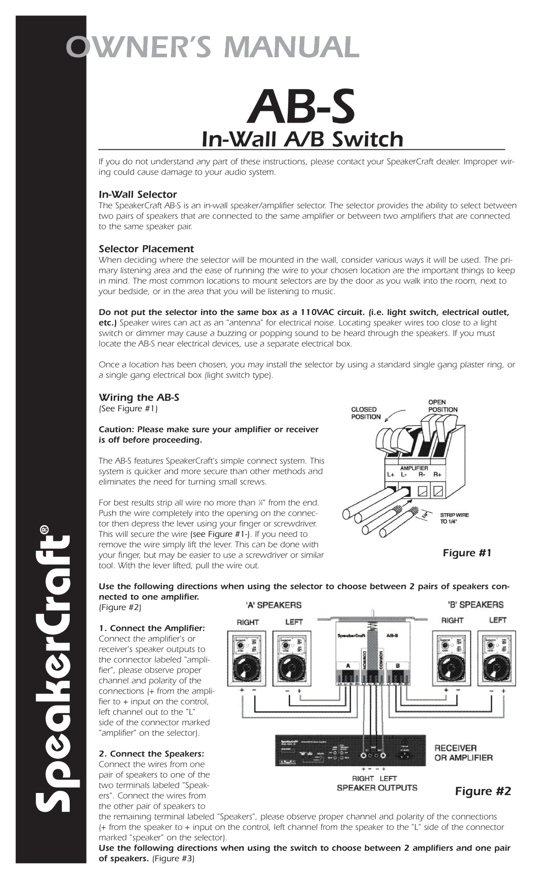 SpeakerCraft owner manual Ab-S, In-Wall A/B Switch, In-Wall Selector, Selector Placement, Wiring the AB-S 